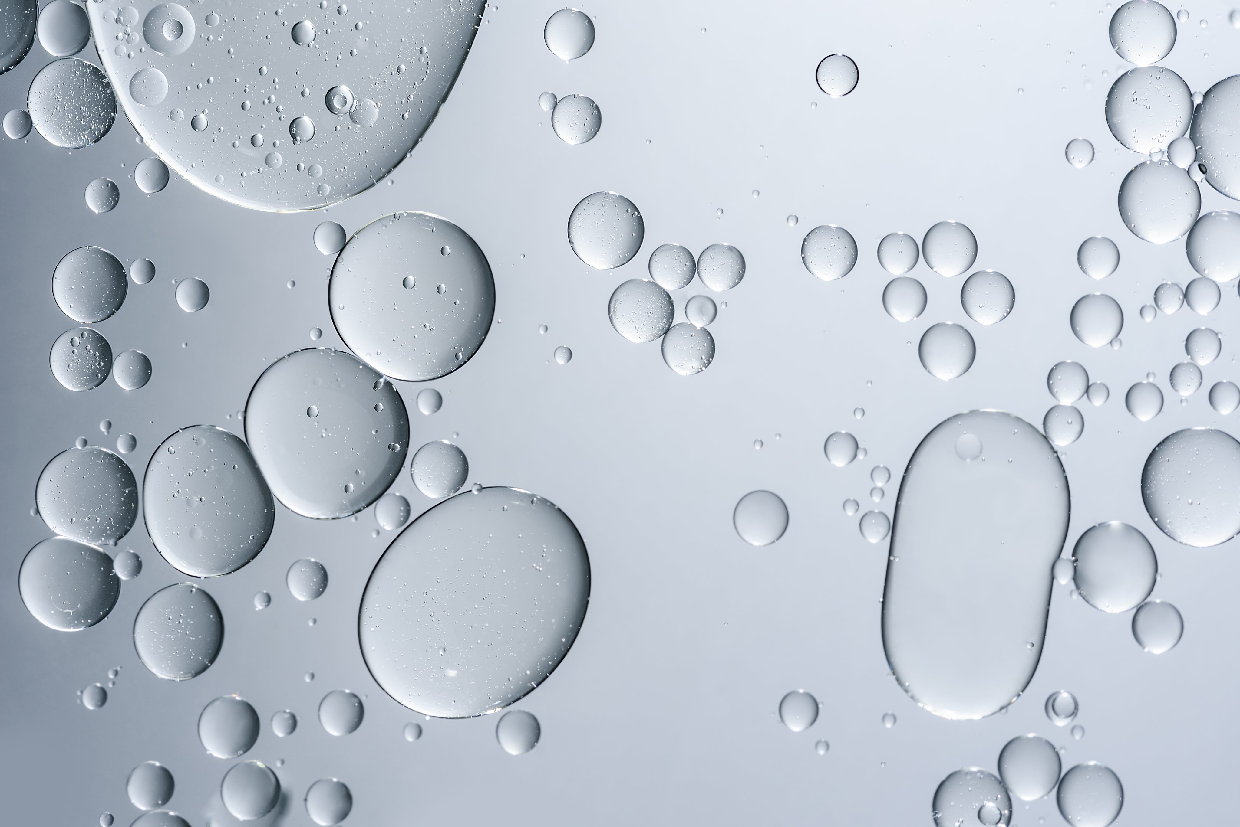 Makro: klare Öltröpfchen in Flüssigkeit auf hellgrauem Hintergrund