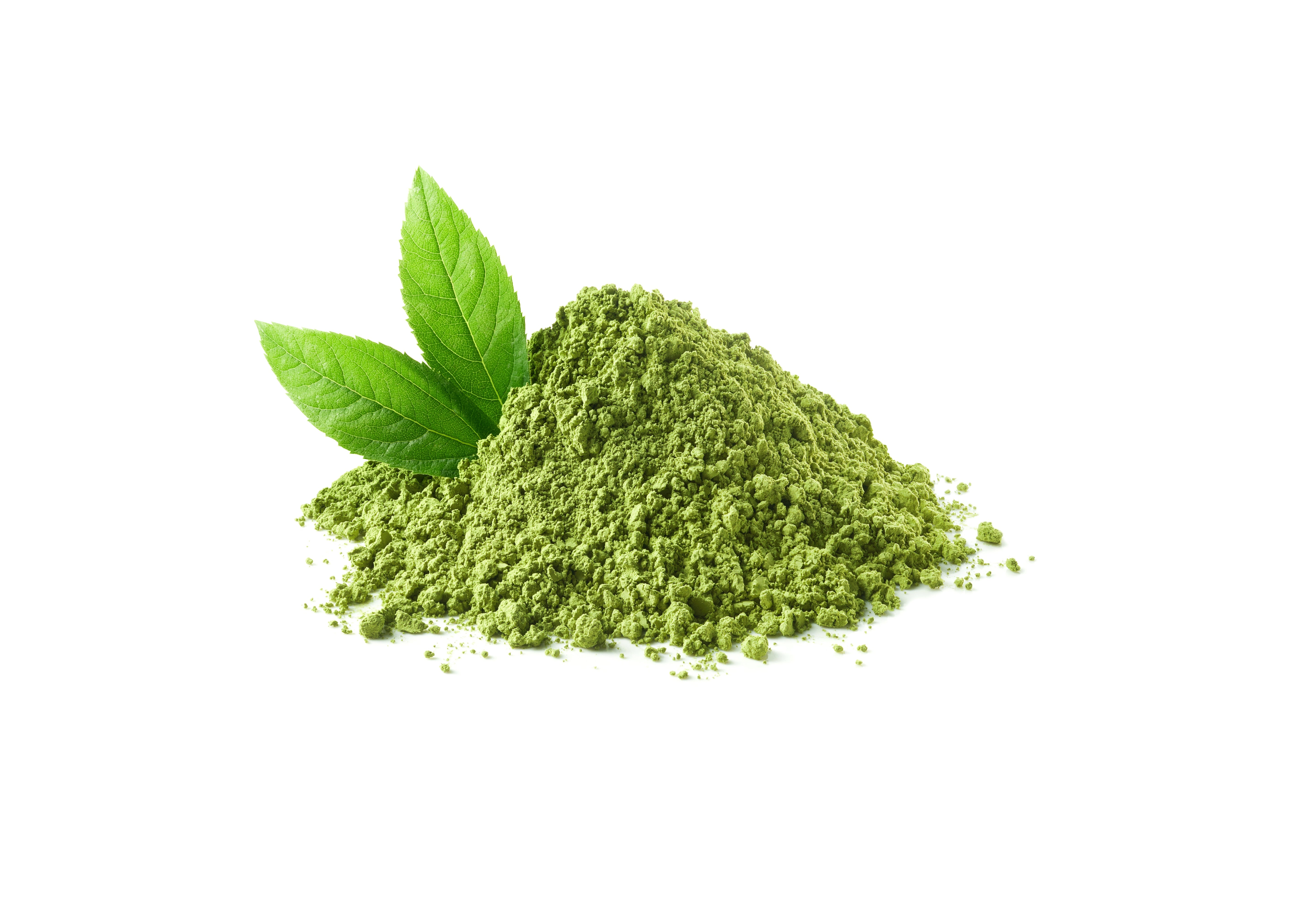 Grünes Bio-Matcha-Pulver mit frischen Teeblättern, auf weißem Hintergrund.