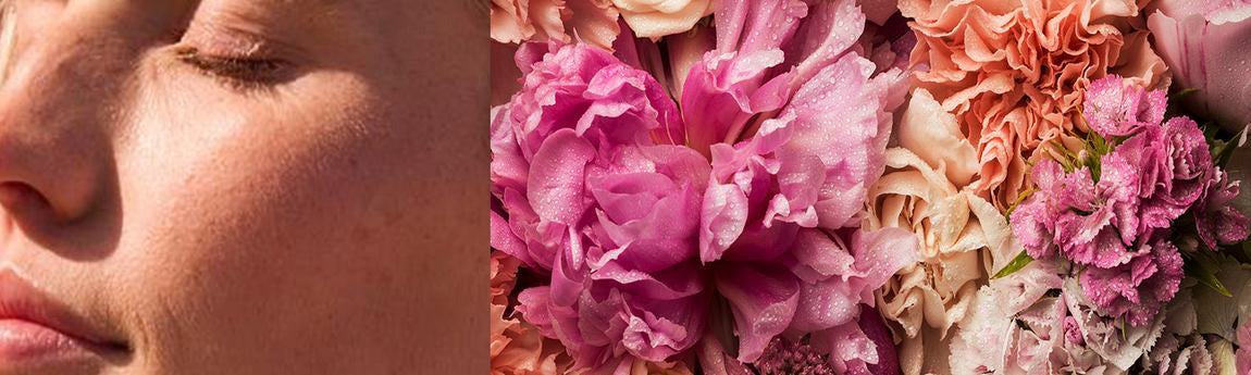 Portrait d'une femme à côté d'un bouquet de fleurs généreux